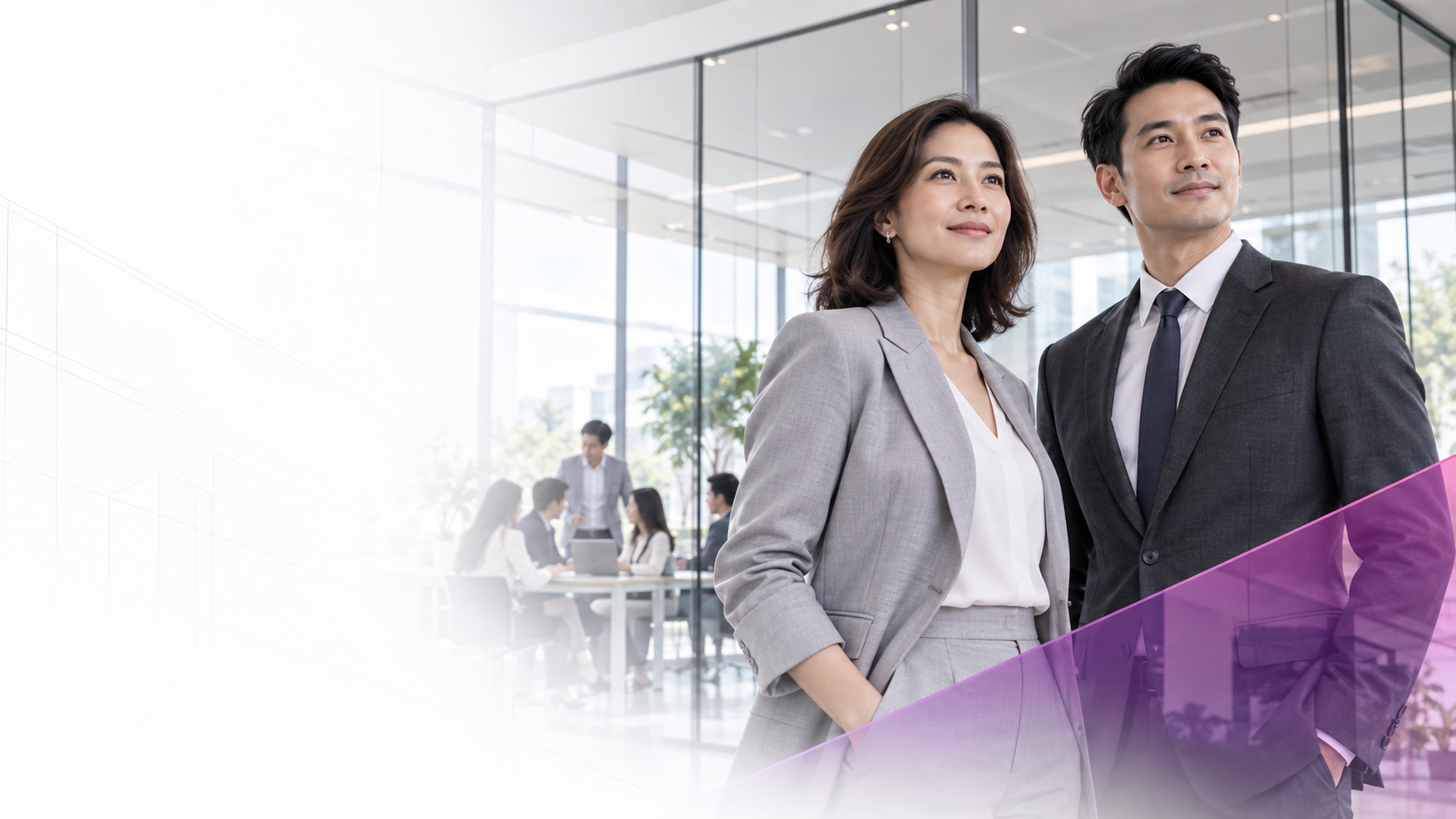 Business partners looking ahead together in an open workspace