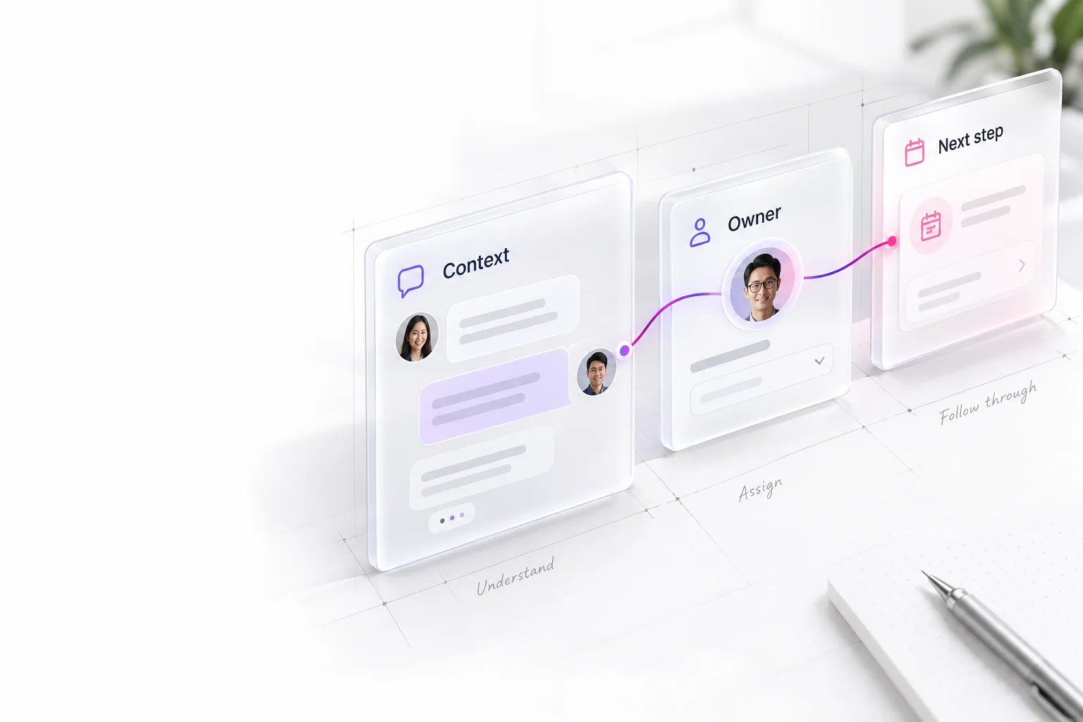 Conceptual software fragments connecting customer context, an owner and a next step; not an actual product screen