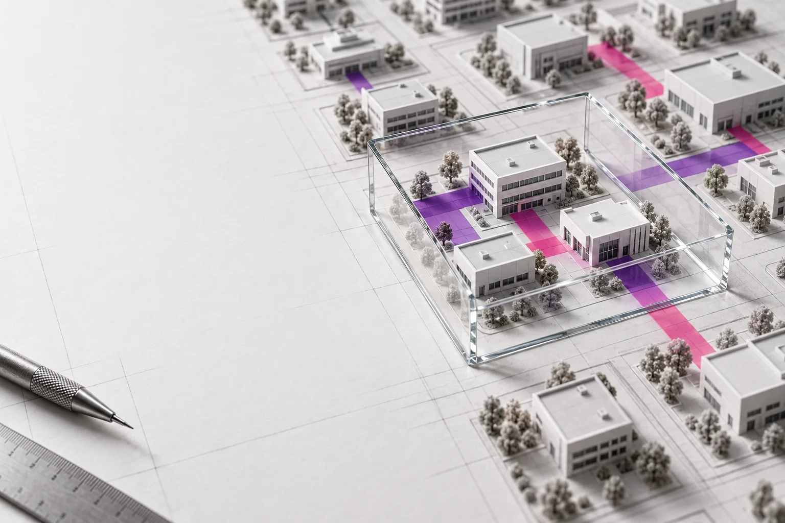 Conceptual optical frame selecting relevant businesses, connected by violet and pink paths