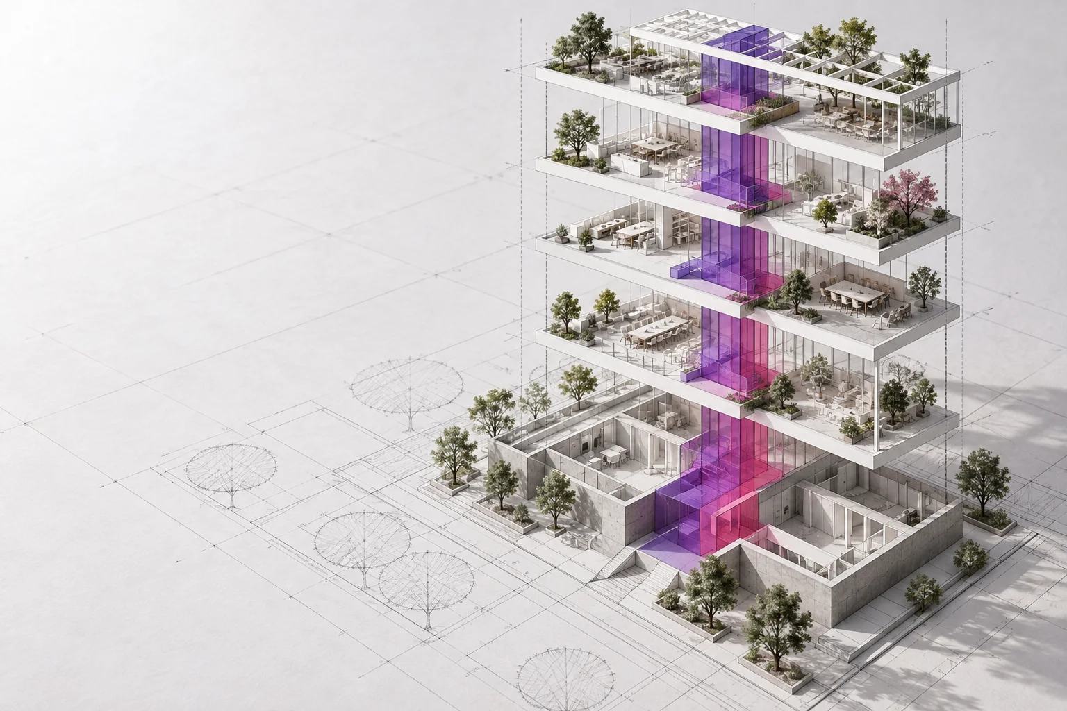 Conceptual five-layer architectural model connected by a violet spine, representing the components of sales infrastructure