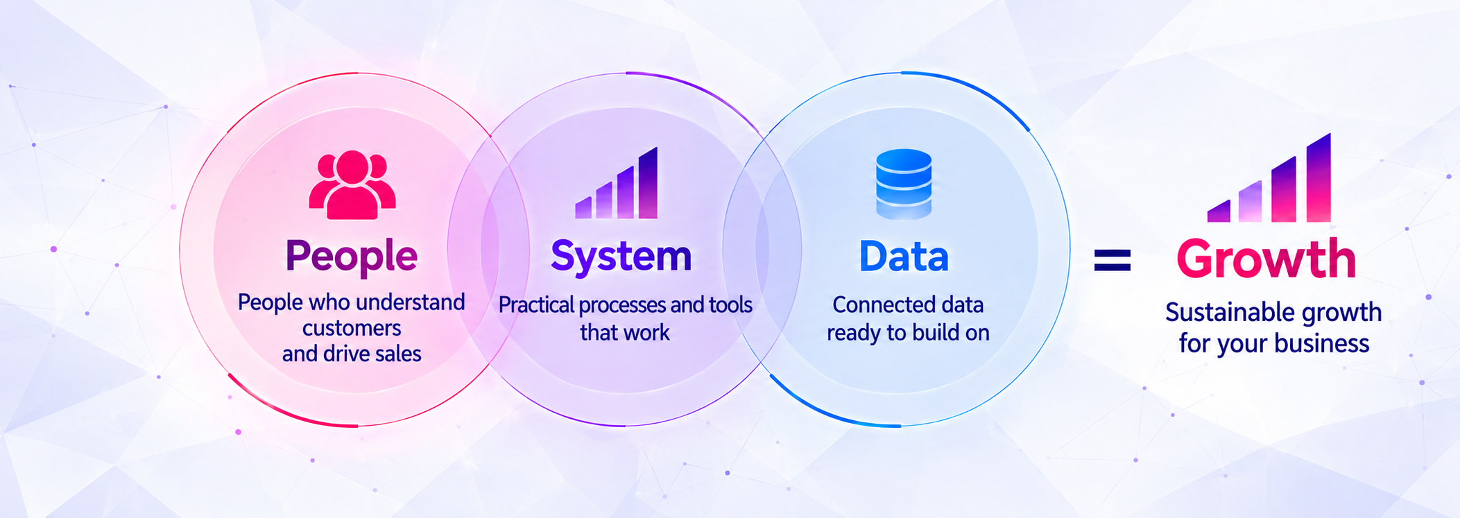 People who understand customers and drive sales × practical processes and tools × connected data = sustainable business growth.