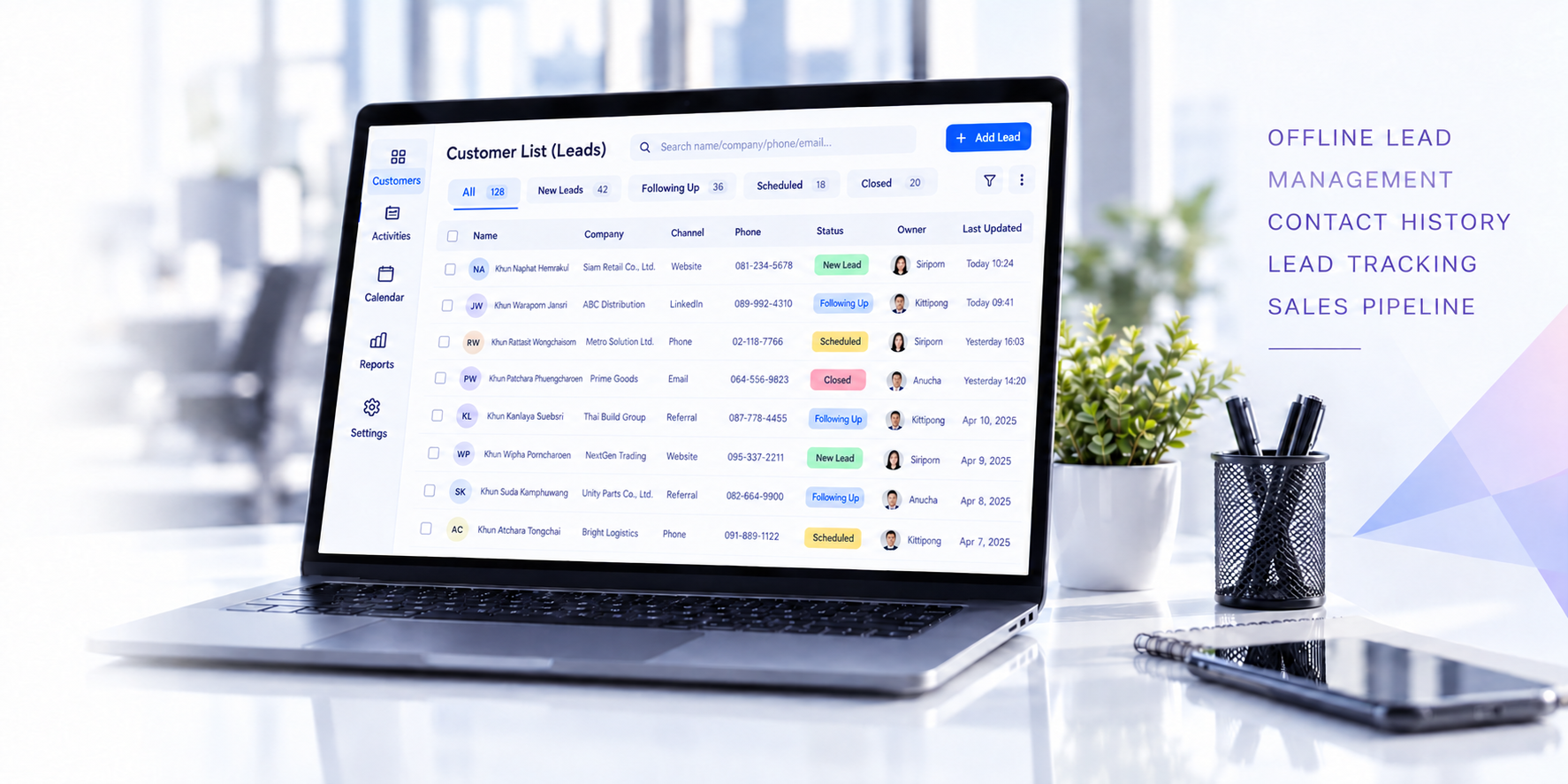 CRM laptop with Offline Lead Management, Contact History, Lead Tracking and Sales Pipeline lettering