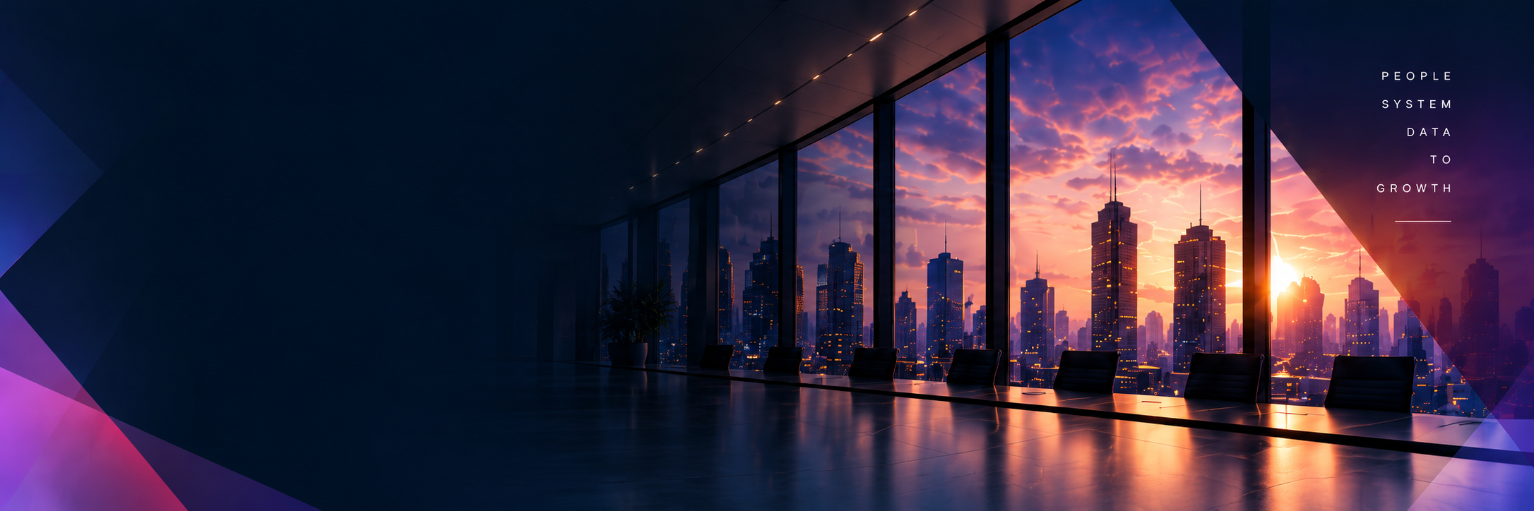 Glass architecture overlooking an evening city, with People System Data To Growth lettering